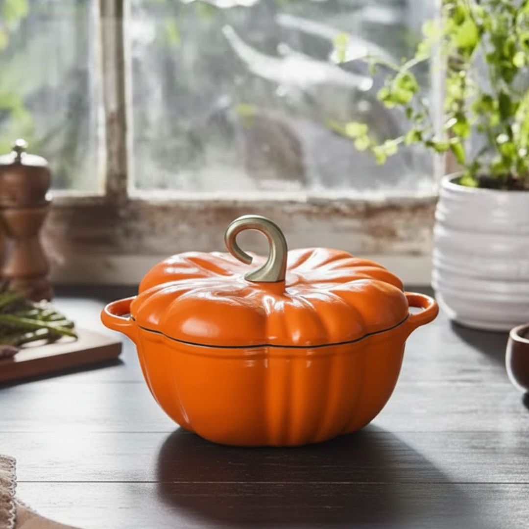Flavehc Enameled Cast Iron Pumpkin Dutch Oven