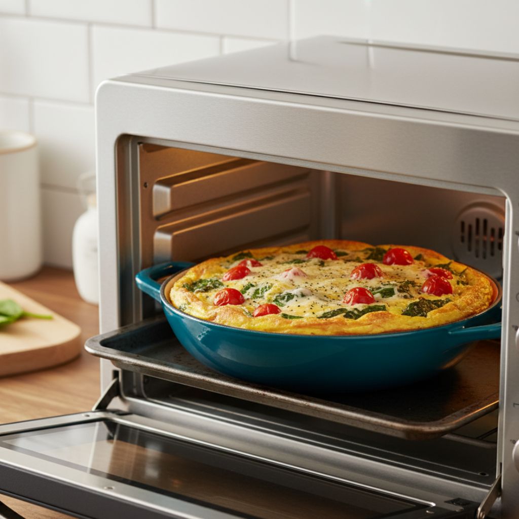 Teal braiser pan baking in an oven with a vegetable-topped casserole