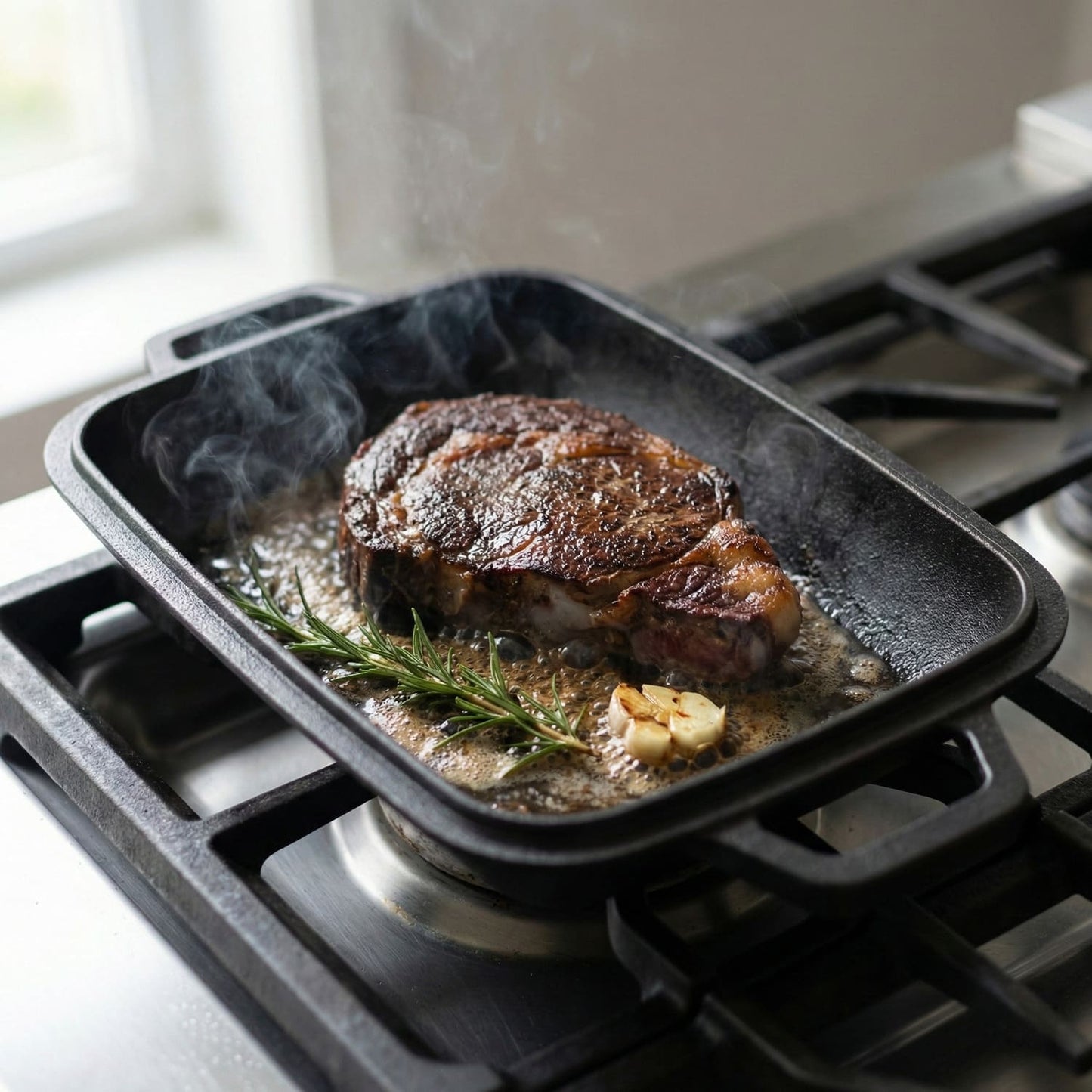 Oval bread oven on stovetop with bread, herbs, and steam Classic Cast Iron (Pre-Seasoned)