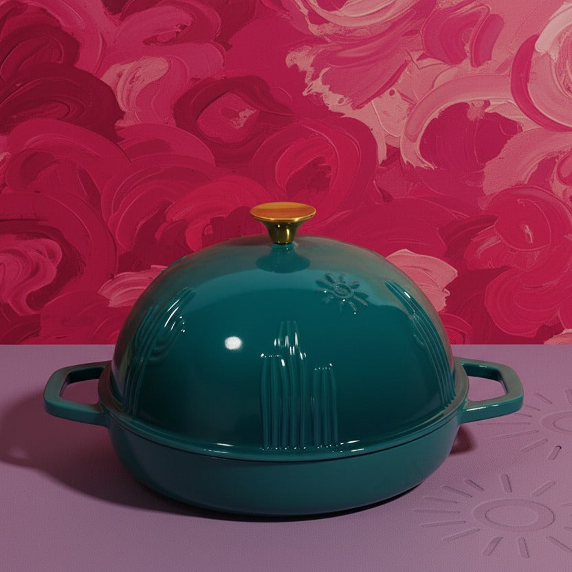 Teal vintage-style pot with a yellow knob on a pink and red patterned background
