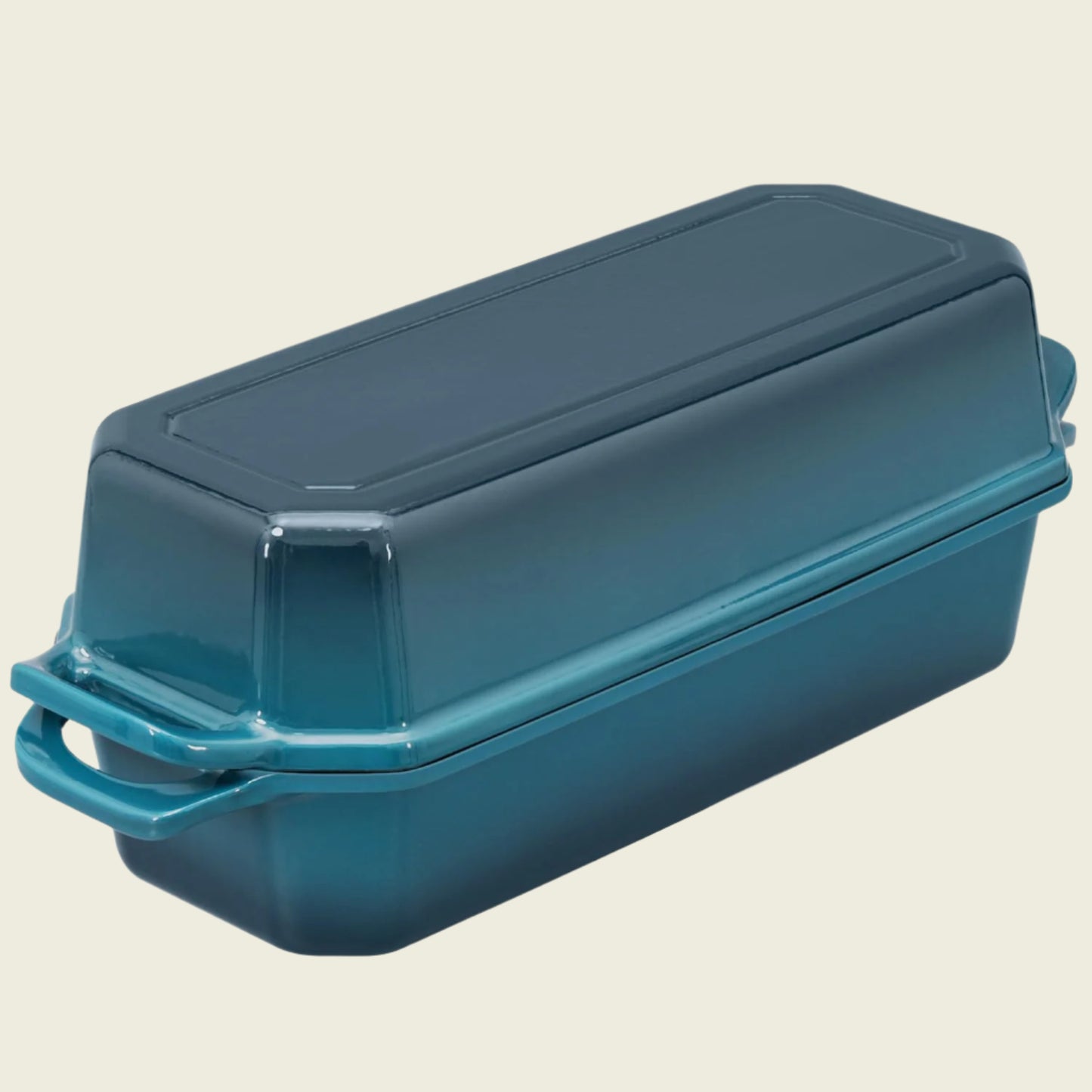 Teal rectangular baking dish with a lid on a white background