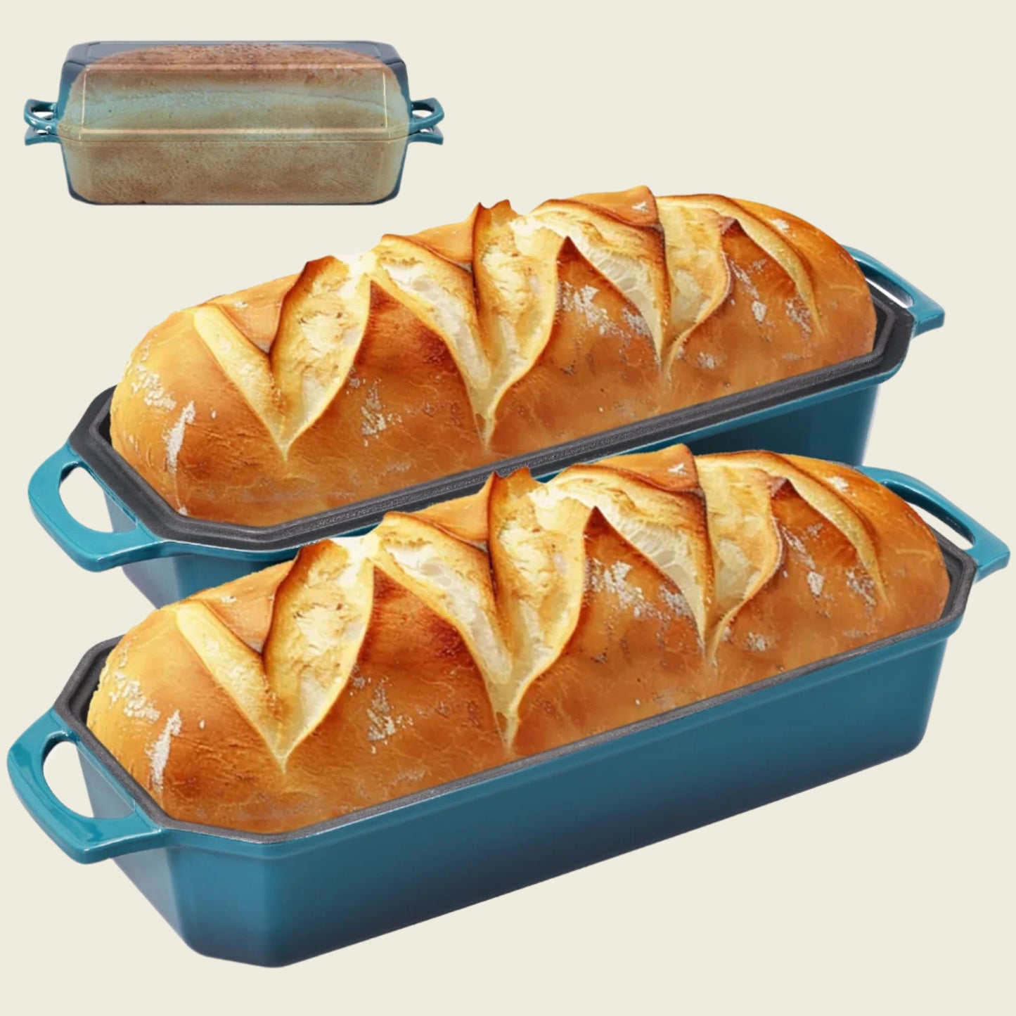 Two loaves of bread in blue loaf pans on a white background