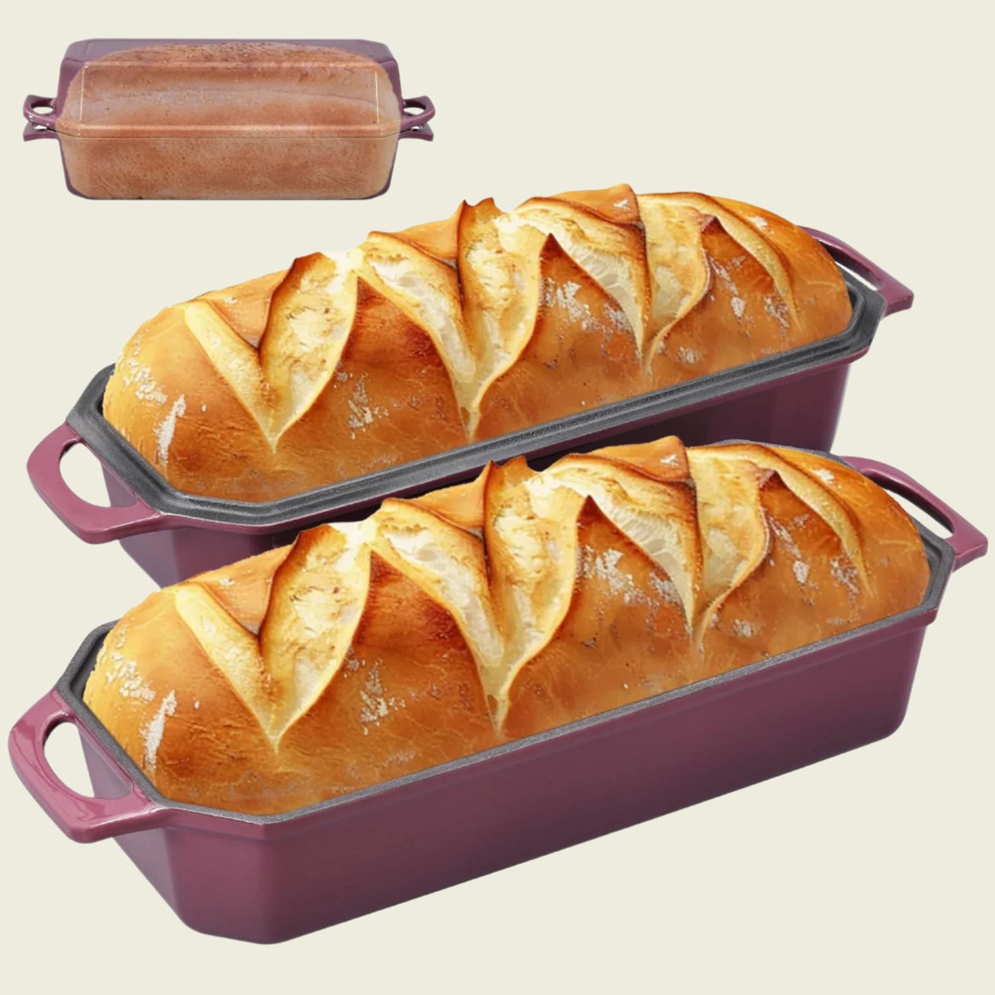 Two loaves of bread in purple baking dishes on a white background