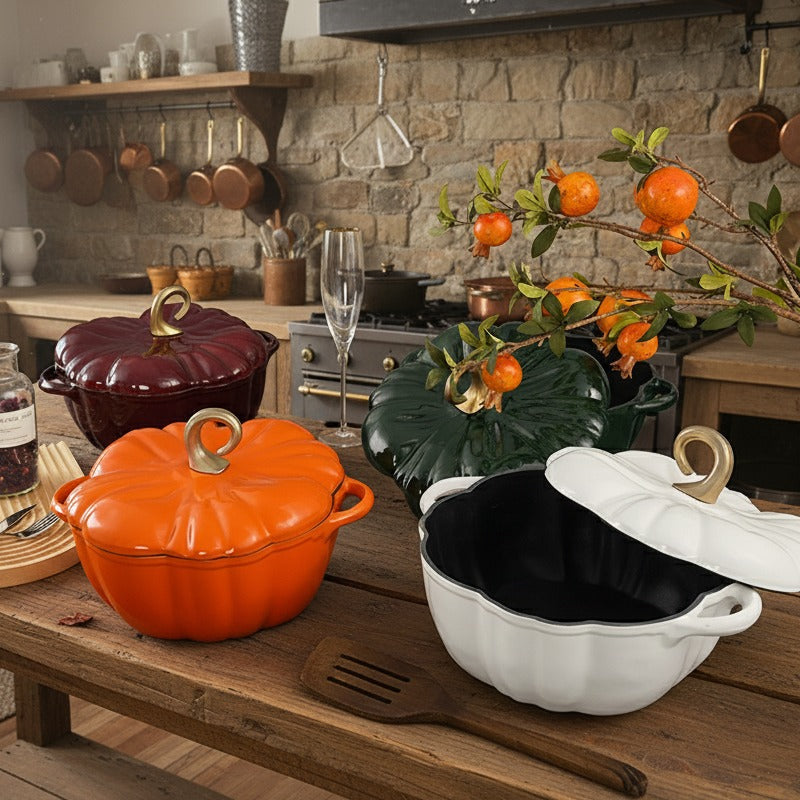 Kitchen scene with colorful cookware on a wooden table, stone wall background