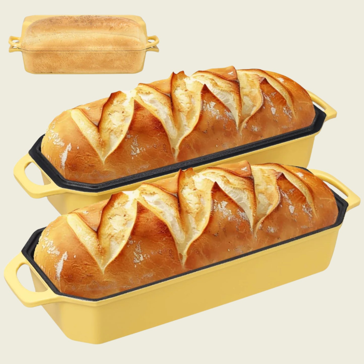 Yellow bread loaf pan with baked bread inside on a white background
