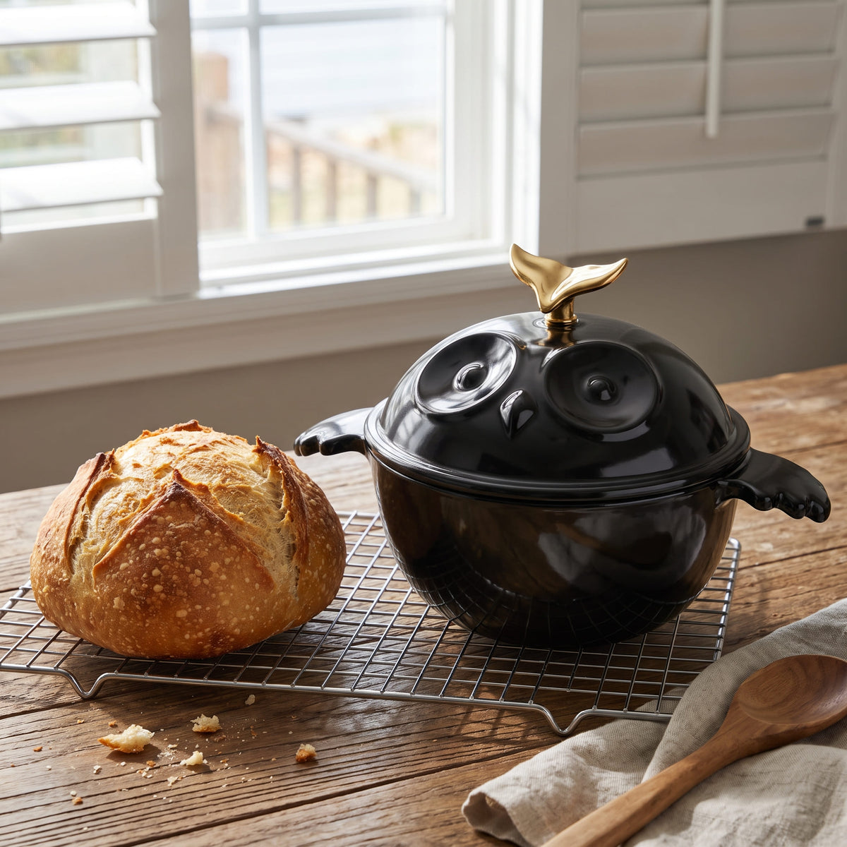 A black ceramic owl-shaped lidded casserole dish with a gold fish-shaped handle on top, styled on a wire cooling rack next to a crusty bread loaf on a wooden table. 1.5 qt