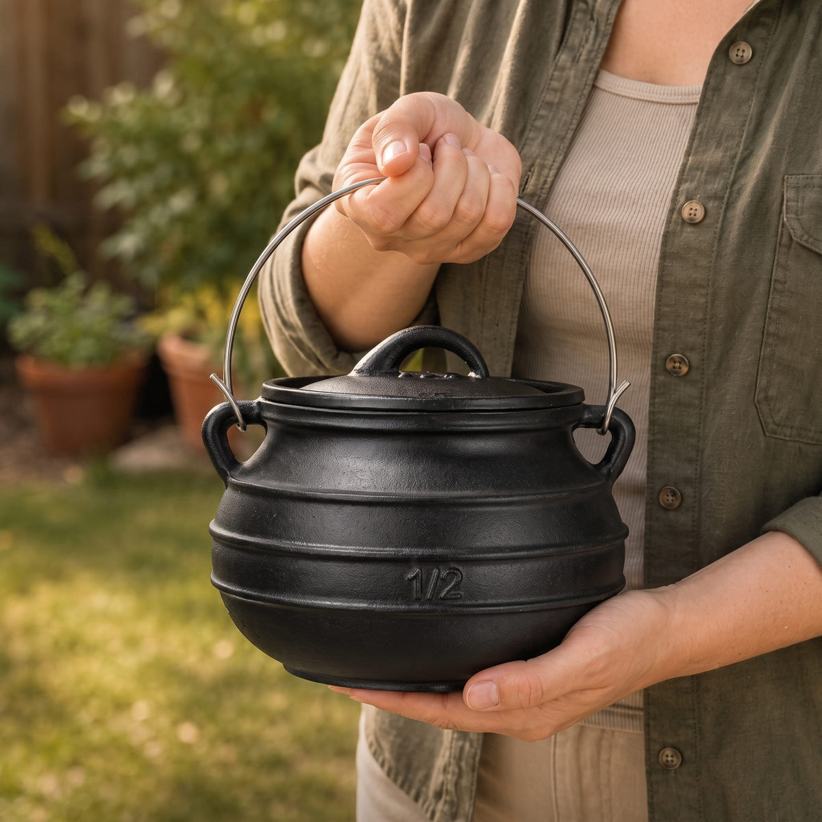 A person outdoors holding a 2 qt small black cast-iron cauldron pot with a lid and metal handle. The person is wearing an olive green shirt over a beige top, with a blurred garden background.