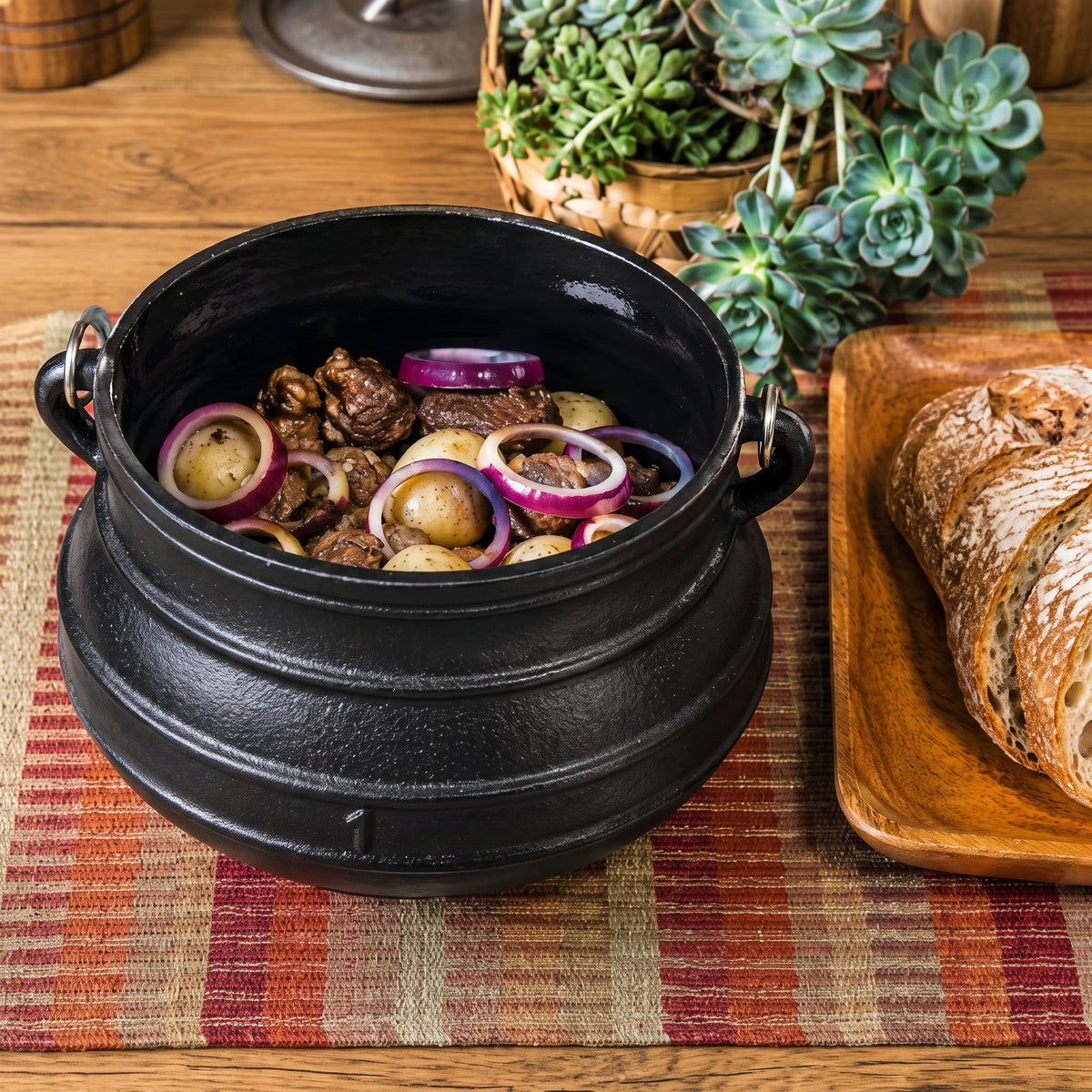 A black cast iron Dutch oven filled with cooked meat, potatoes, and red onion rings, styled on a wooden table with a striped placemat, bread on a wooden board, and succulent plants in the background. 4 qt cauldron