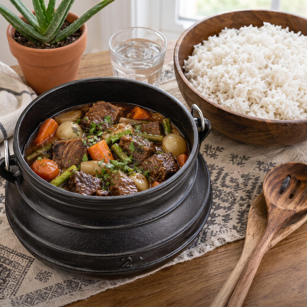 A hearty beef stew with carrots, potatoes, and green beans served in a black cast-iron pot, set on a wooden table next to a bowl of white rice, a glass of water, and a potted plant. 6 qt cauldron