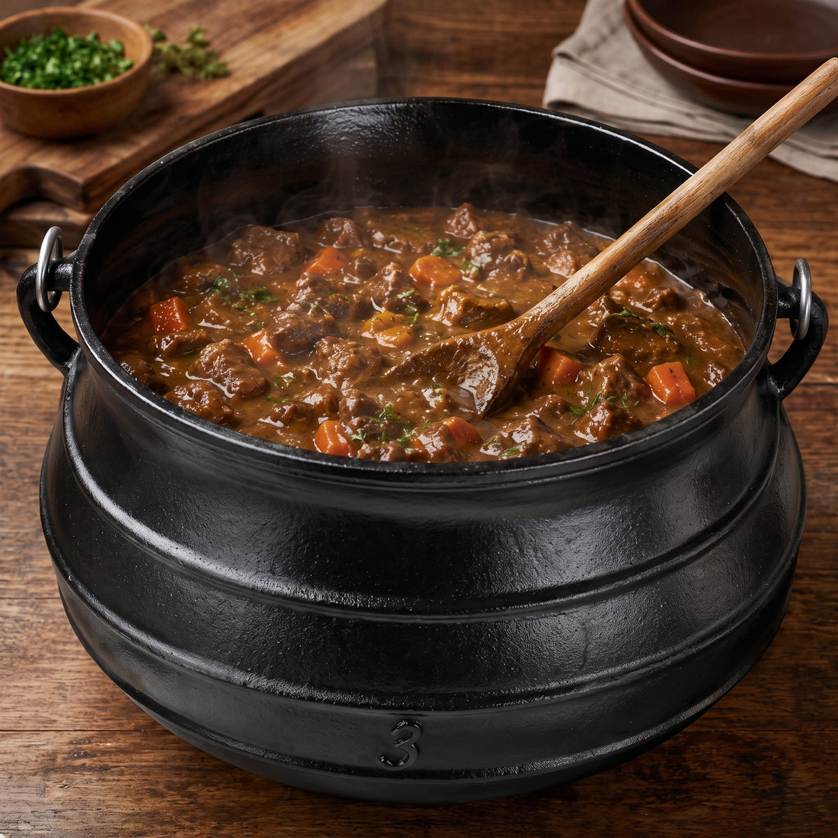 A large black cast iron pot filled with a hearty beef stew containing carrots and herbs, set on a rustic wooden table with a wooden spoon resting inside. 8 qt cauldron