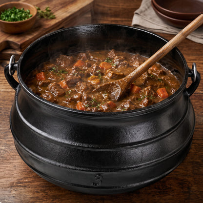 A large black cast iron pot filled with a hearty beef stew containing carrots and herbs, set on a rustic wooden table with a wooden spoon resting inside. 8 qt cauldron