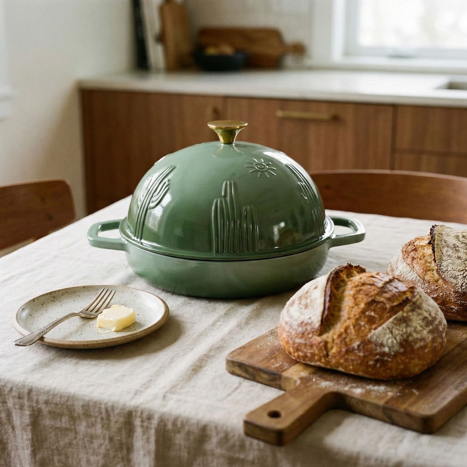 Sage green enamel bread oven with domed lid, with a round loaf on the table.
