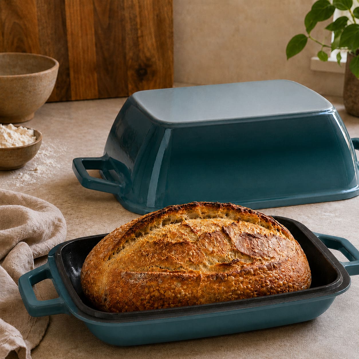 cast iron oval bread oven for sourdough batard Deep cyan (enameled)
