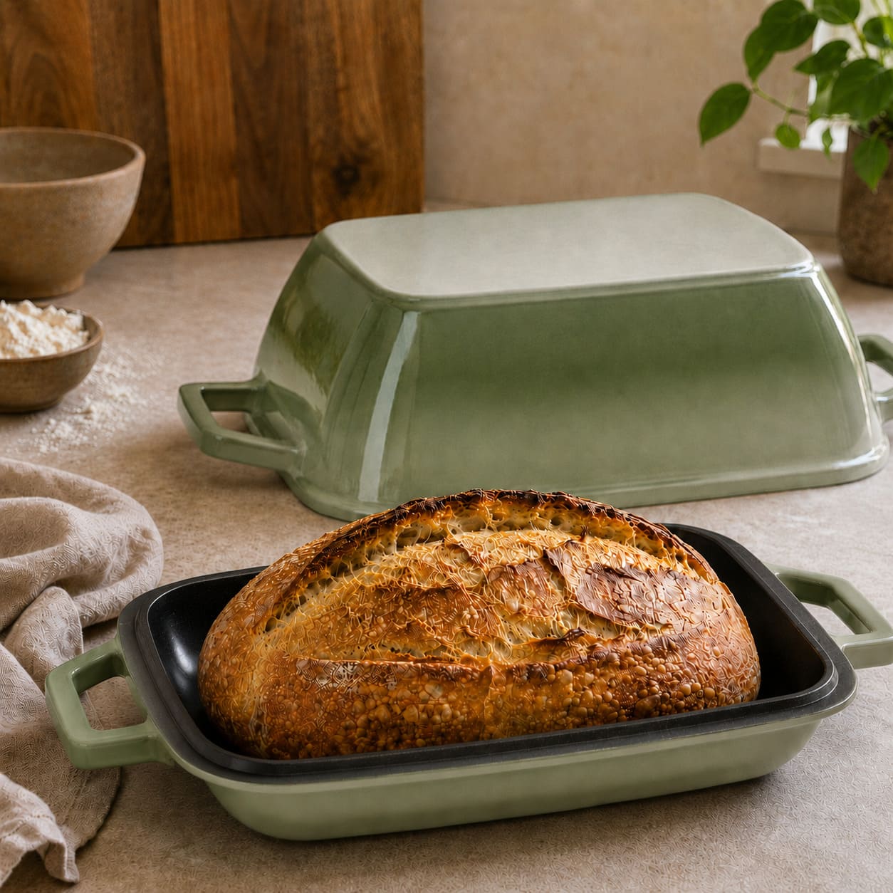 cast iron oval bread oven for sourdough batard sage green (enameled)