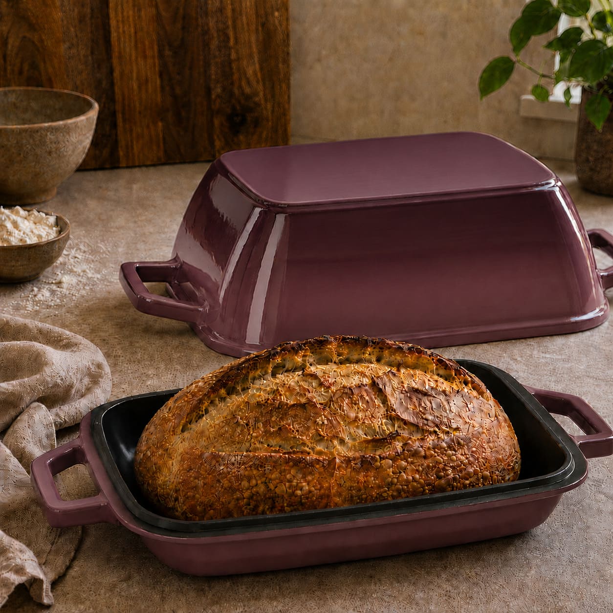 cast iron oval bread oven for sourdough batard plum purple (enameled)