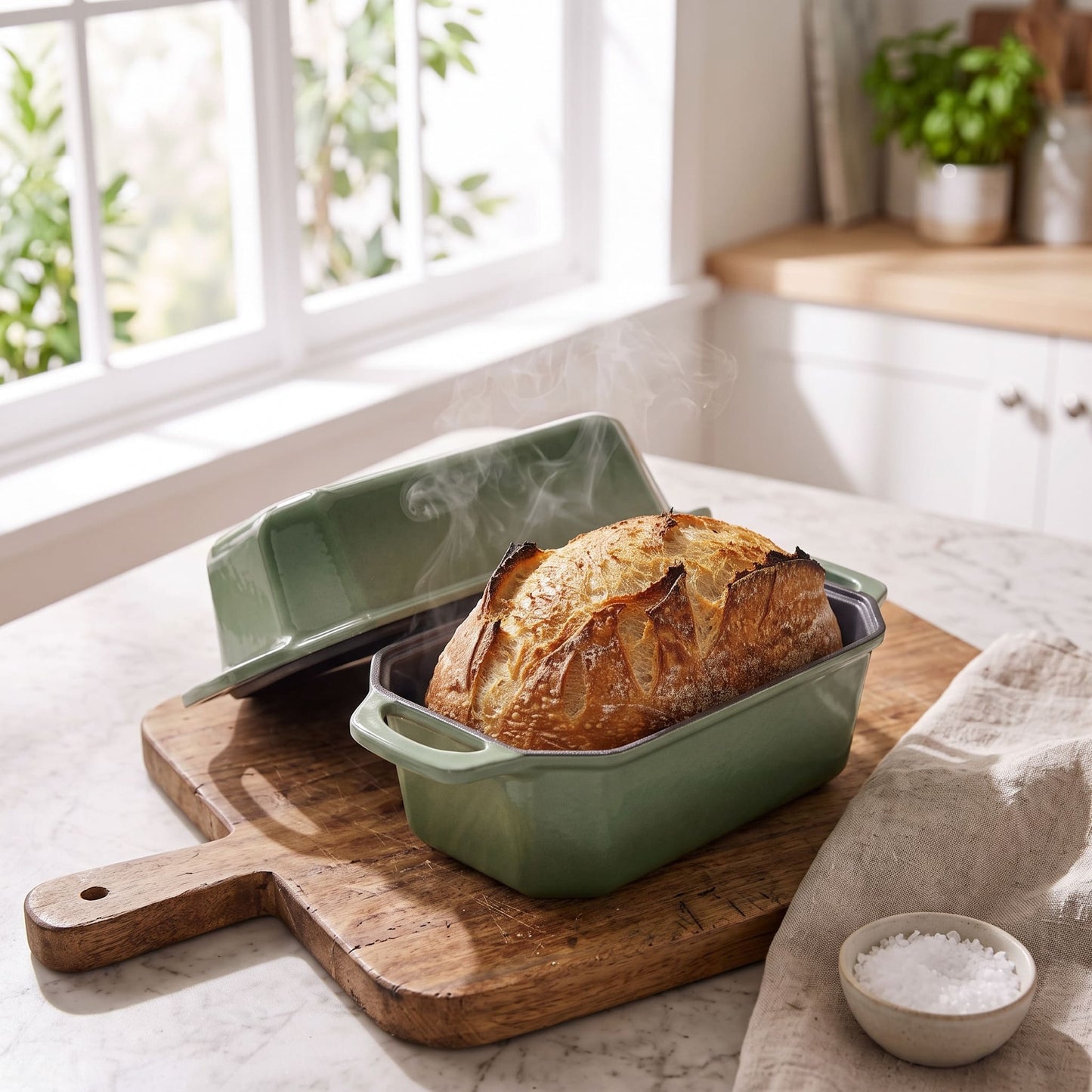 A sage green rectangular baking dish with a lid sits on a wooden cutting board on a kitchen counter, with a freshly baked loaf of bread inside. Steam rises from the bread, and a small bowl of coarse salt is nearby. 8.5x4.5 Inch