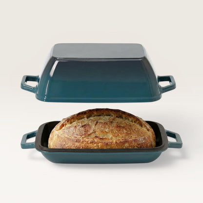 Oval bread oven set, teal base with baked loaf and matching lid