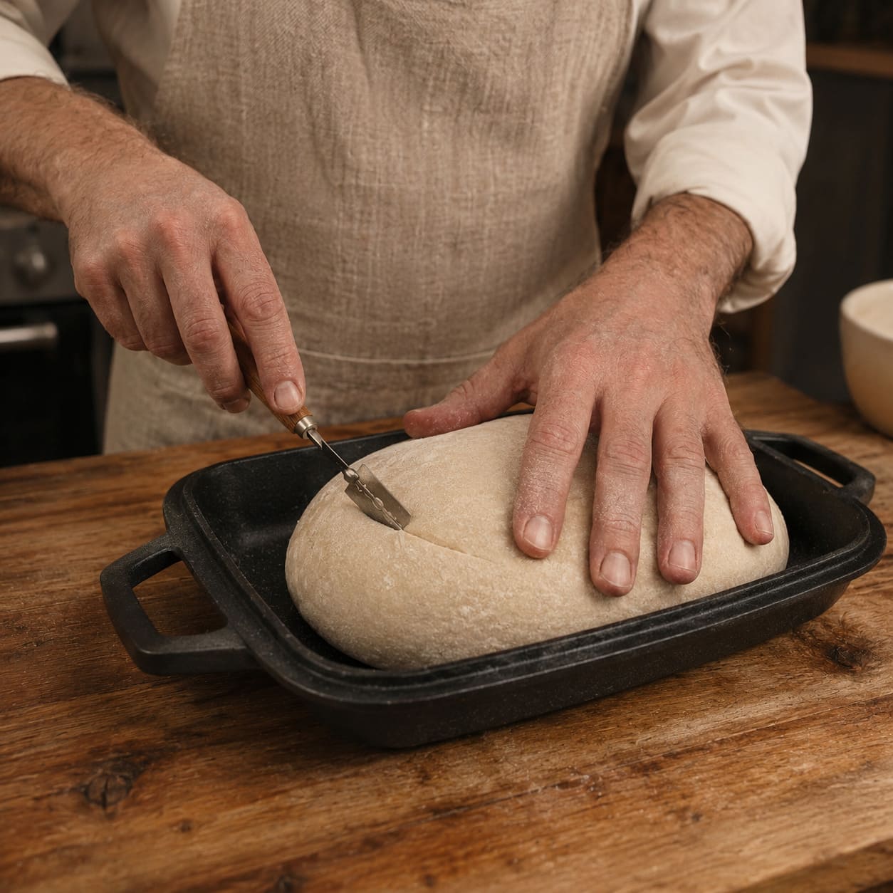 Oval bread pan with raw dough being prepared Classic Cast Iron (Pre-Seasoned)