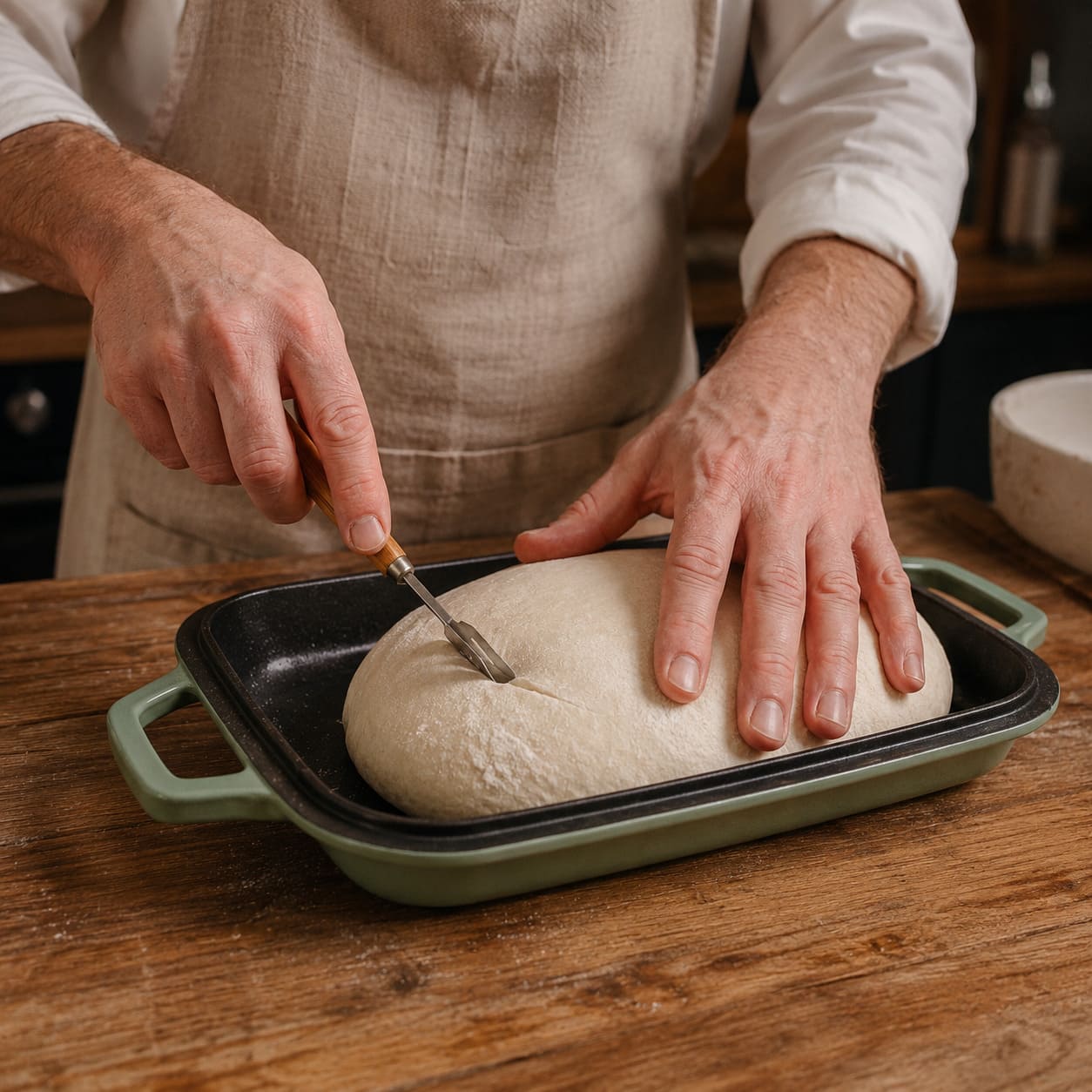 Oval bread pan with raw dough being prepared sage green (enameled)