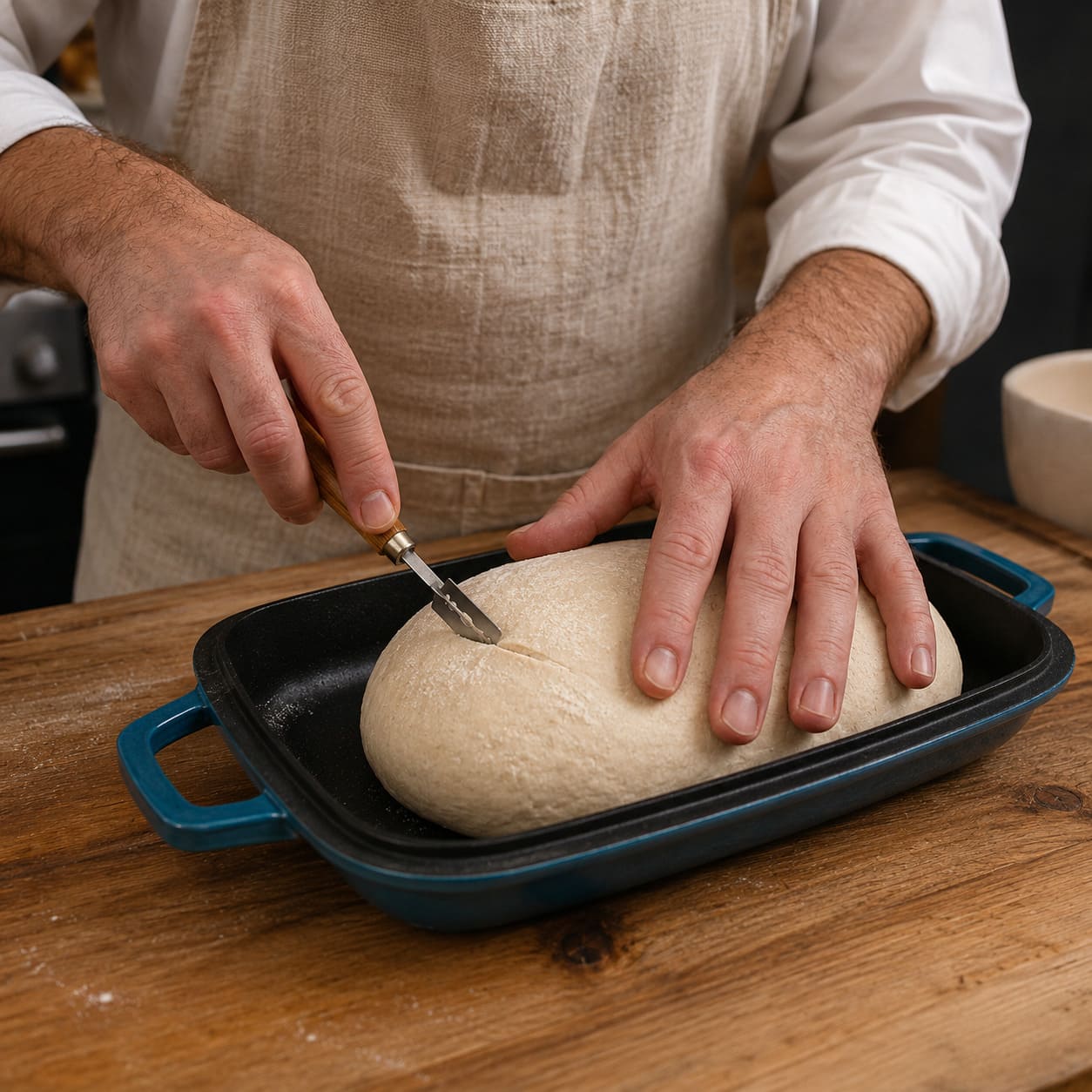 Oval bread pan with raw dough being prepared dark cyan (enameled)