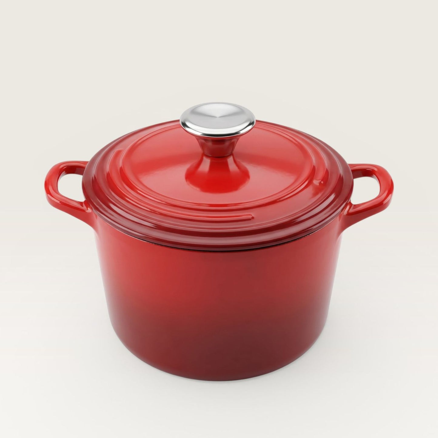 Red deep dutch oven with matching lid and stainless knob, two side handles