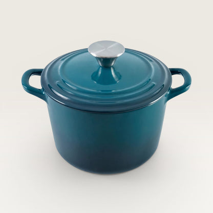 Dark cyan enameled Dutch oven with lid and side handles, silver knob