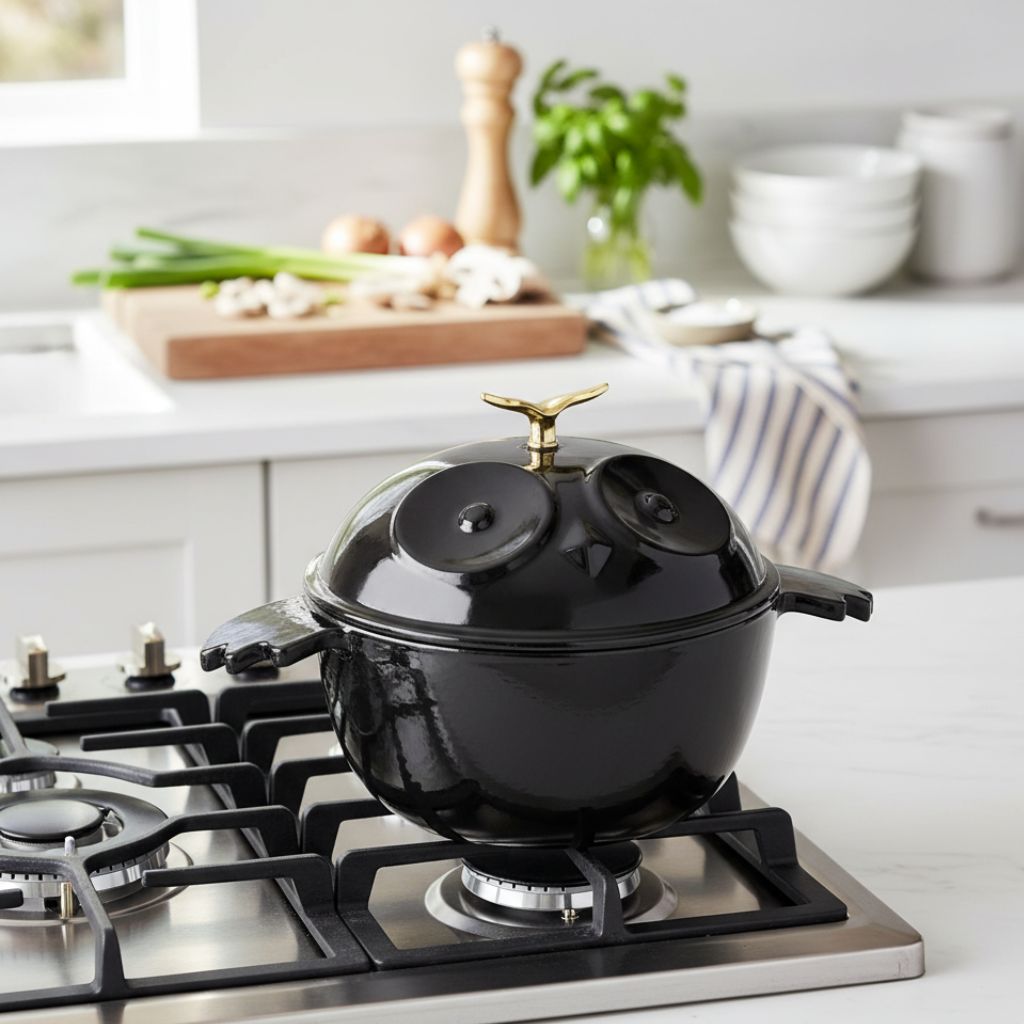 Owl-Shaped Enameled Cast Iron Dutch Oven