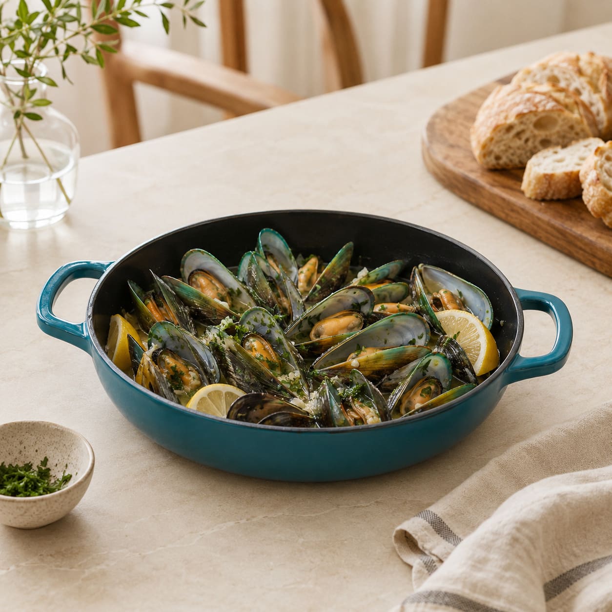 Dark Cyan essential shallow braiser with two handles, filled with mussels and lemon