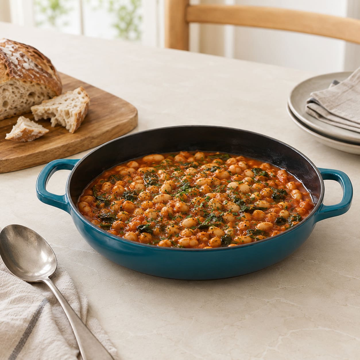 Dark Cyan shallow braiser with black interior and loop handles, filled with lentil stew