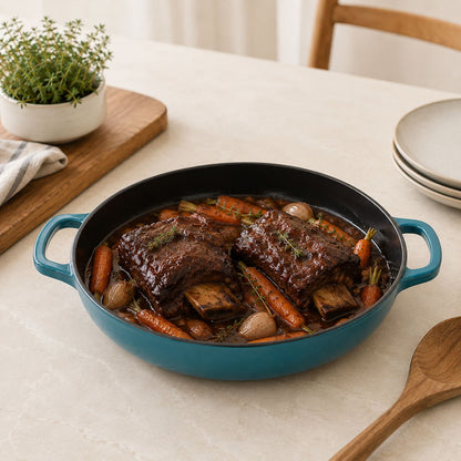 Dark Cyan shallow braiser with black interior and loop handles, filled with braised roast