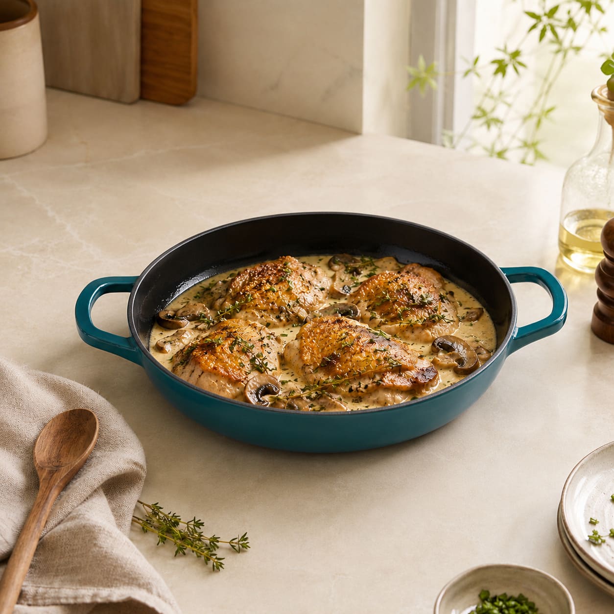Dark Cyan shallow braiser with black interior and loop handles, filled with herb chicken