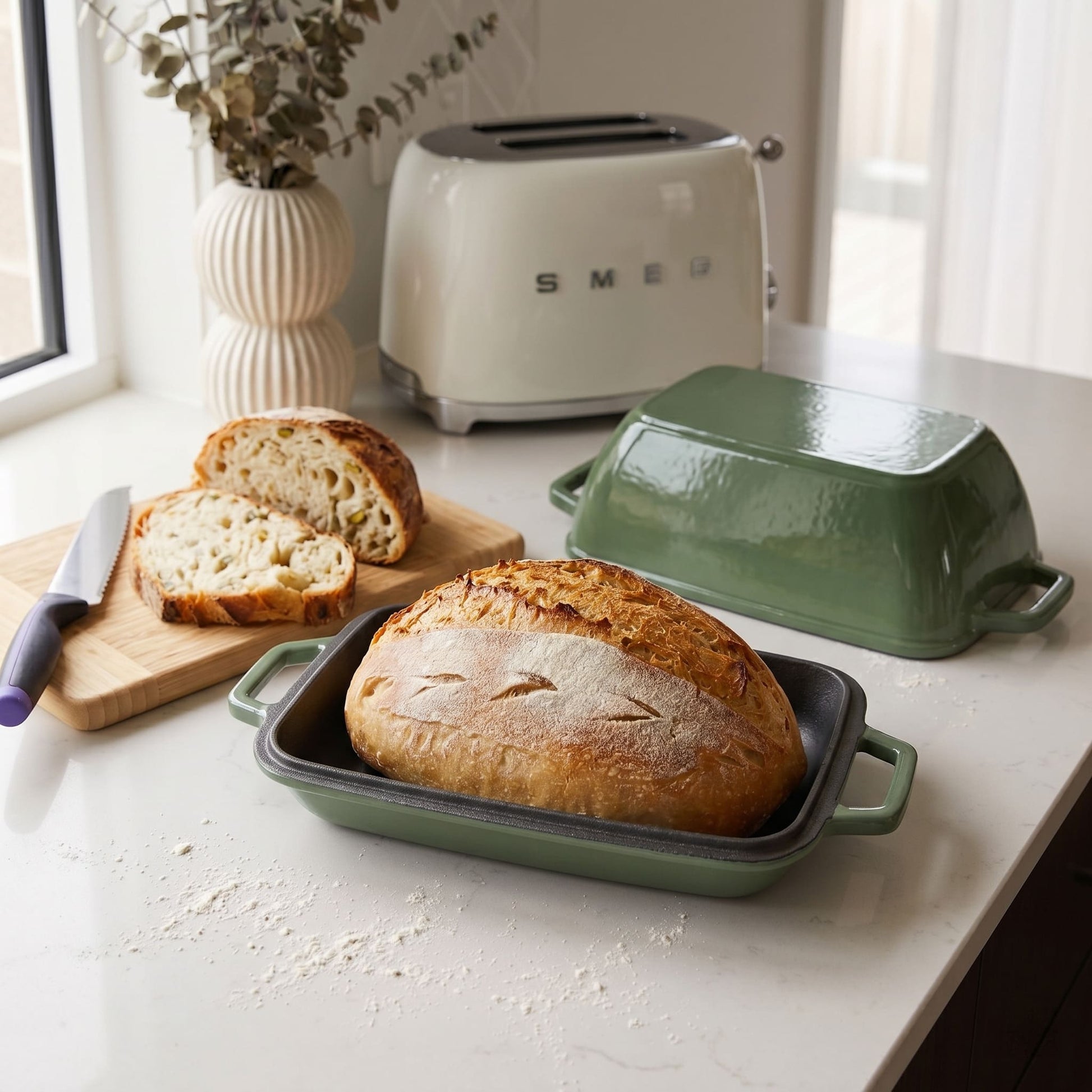 Sage green oval bread oven with lid and base tray, with a sliced loaf