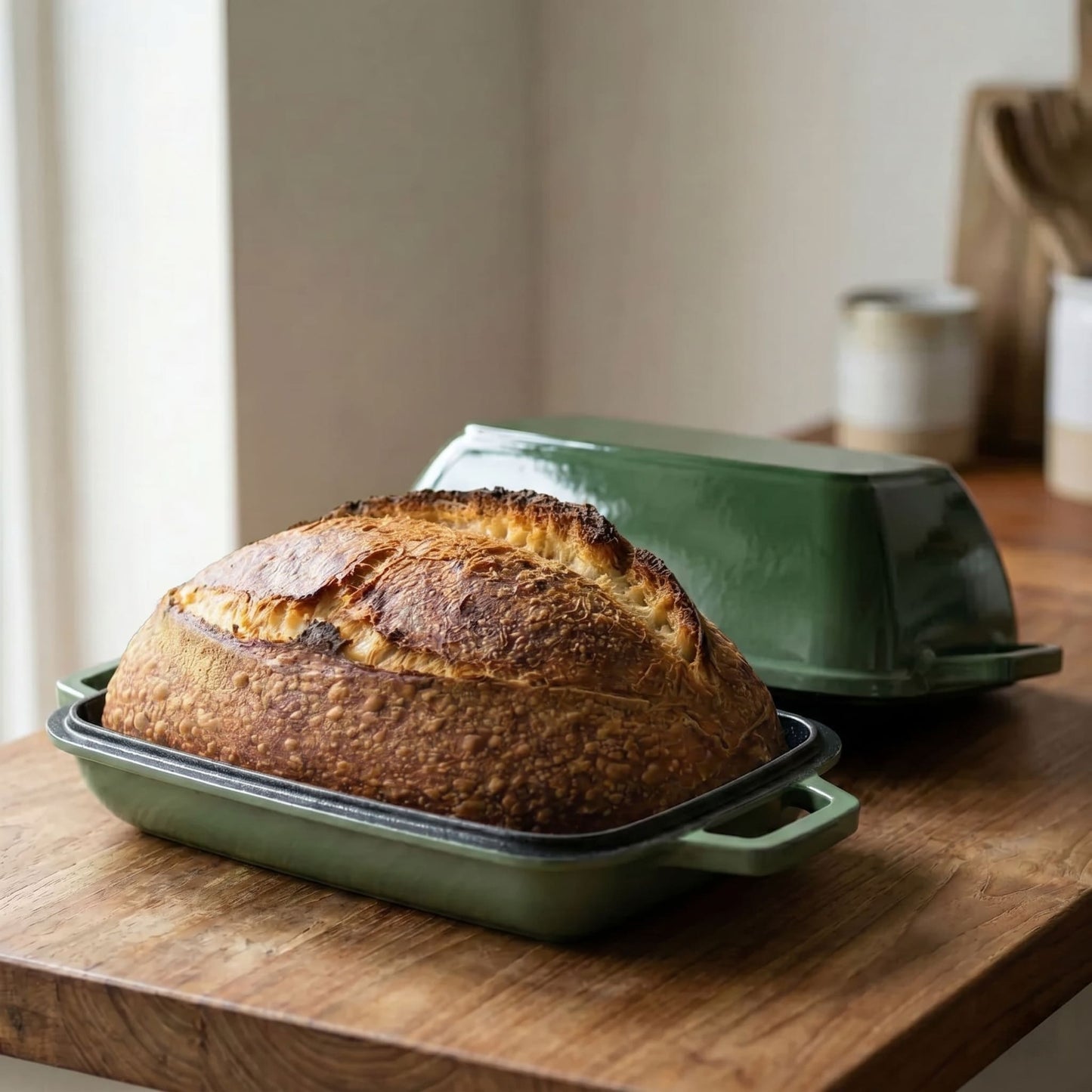 Oval bread oven with baked loaf, green lid resting behind on countertop