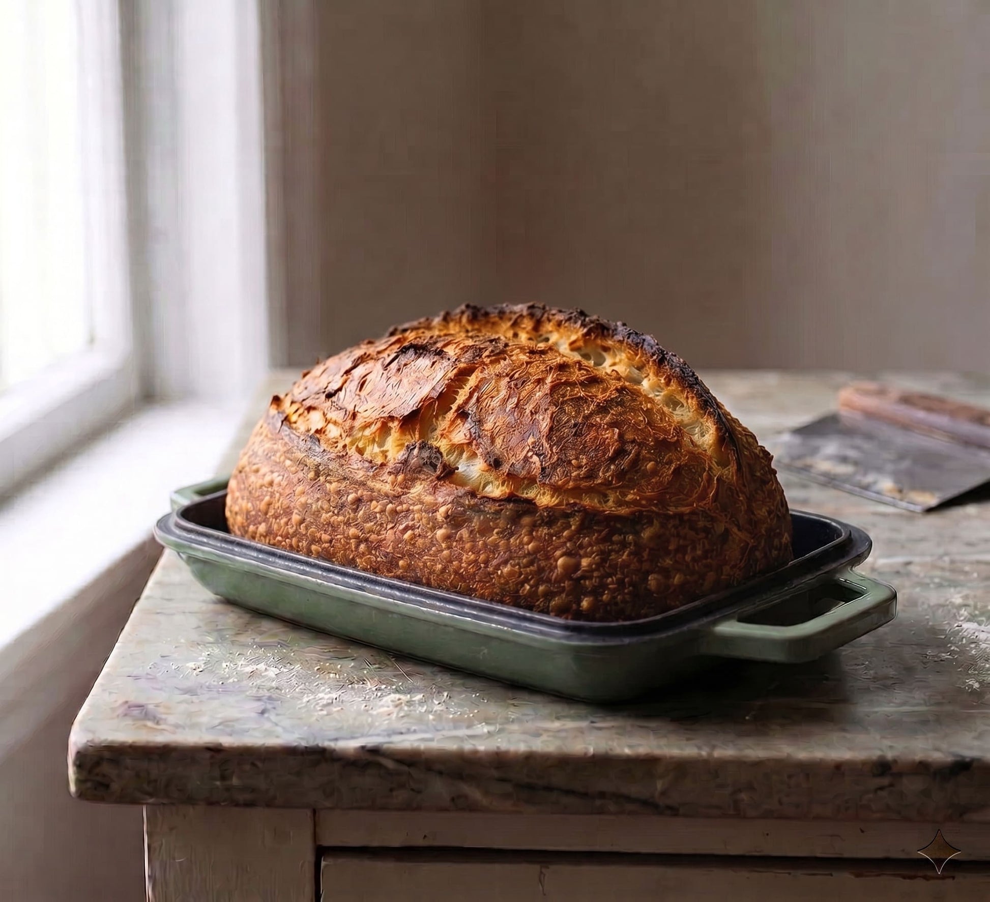 Oval bread oven holding baked loaf, green base with scored crust