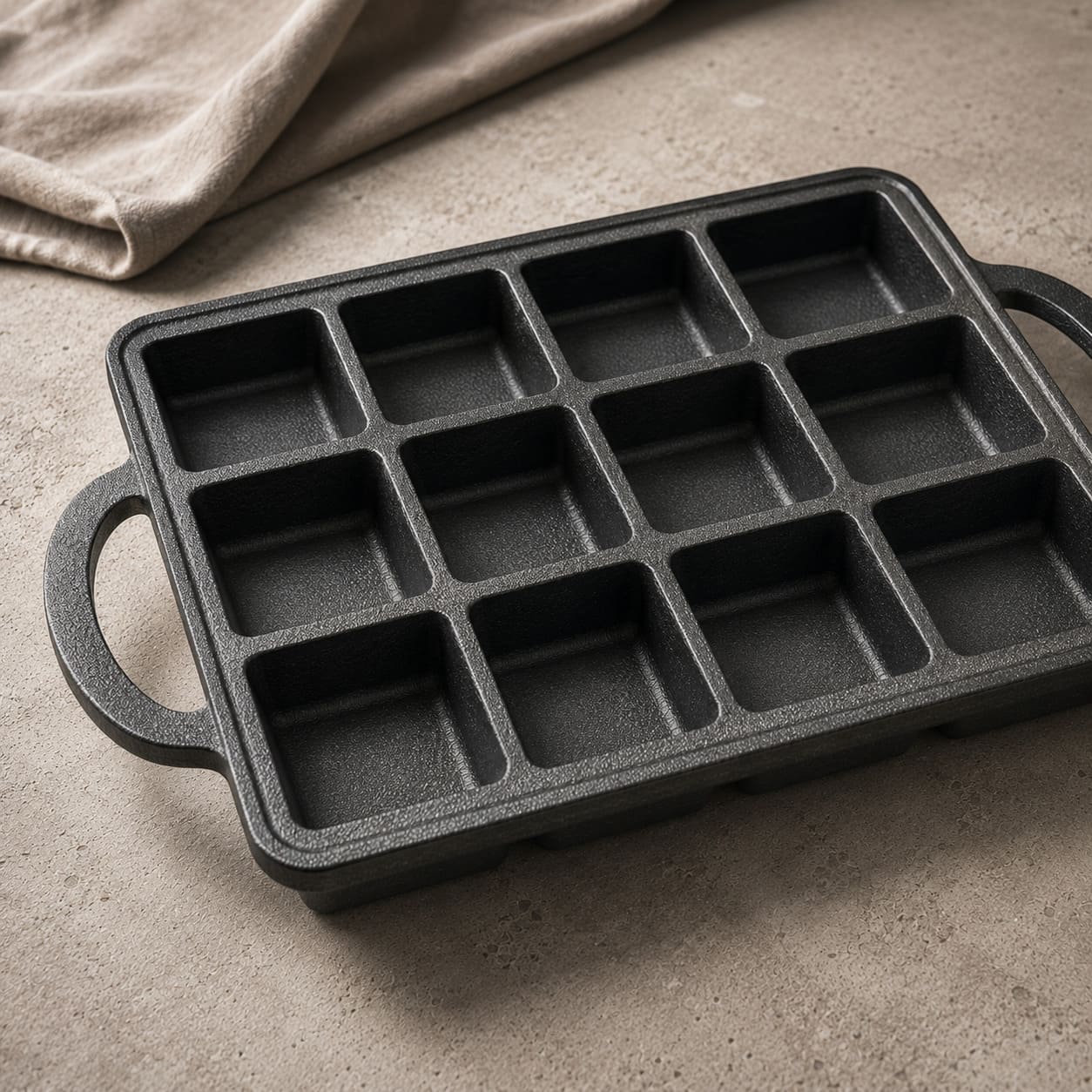 Square-cavity brownie pan with side handles, black nonstick interior