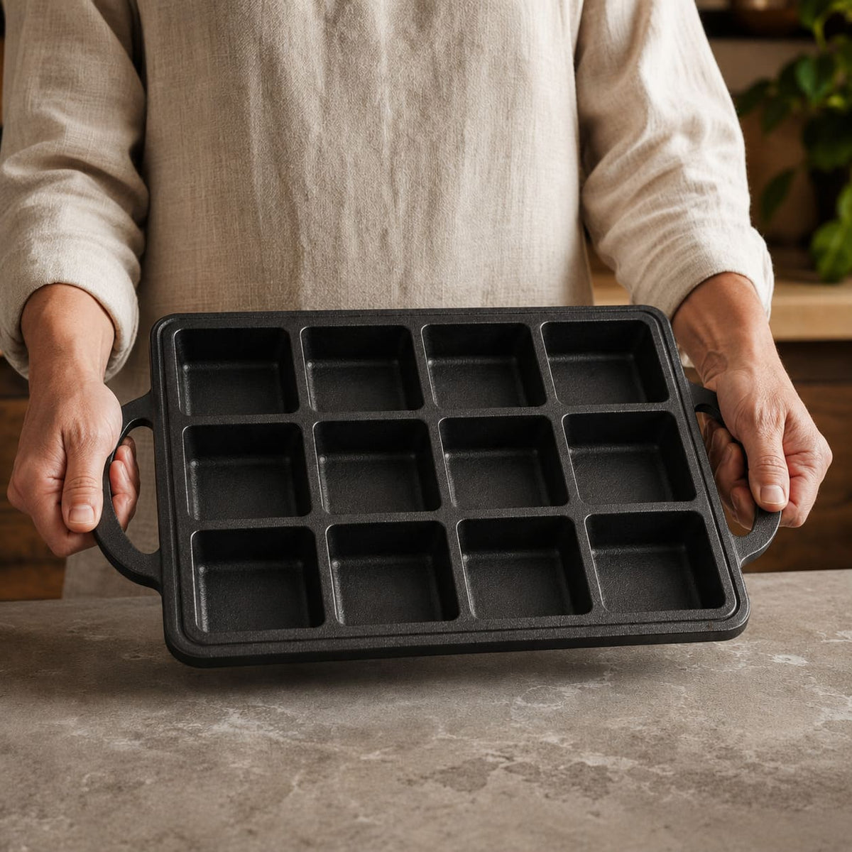 Cast-iron-style brownie pan with square cavities and side handles, empty