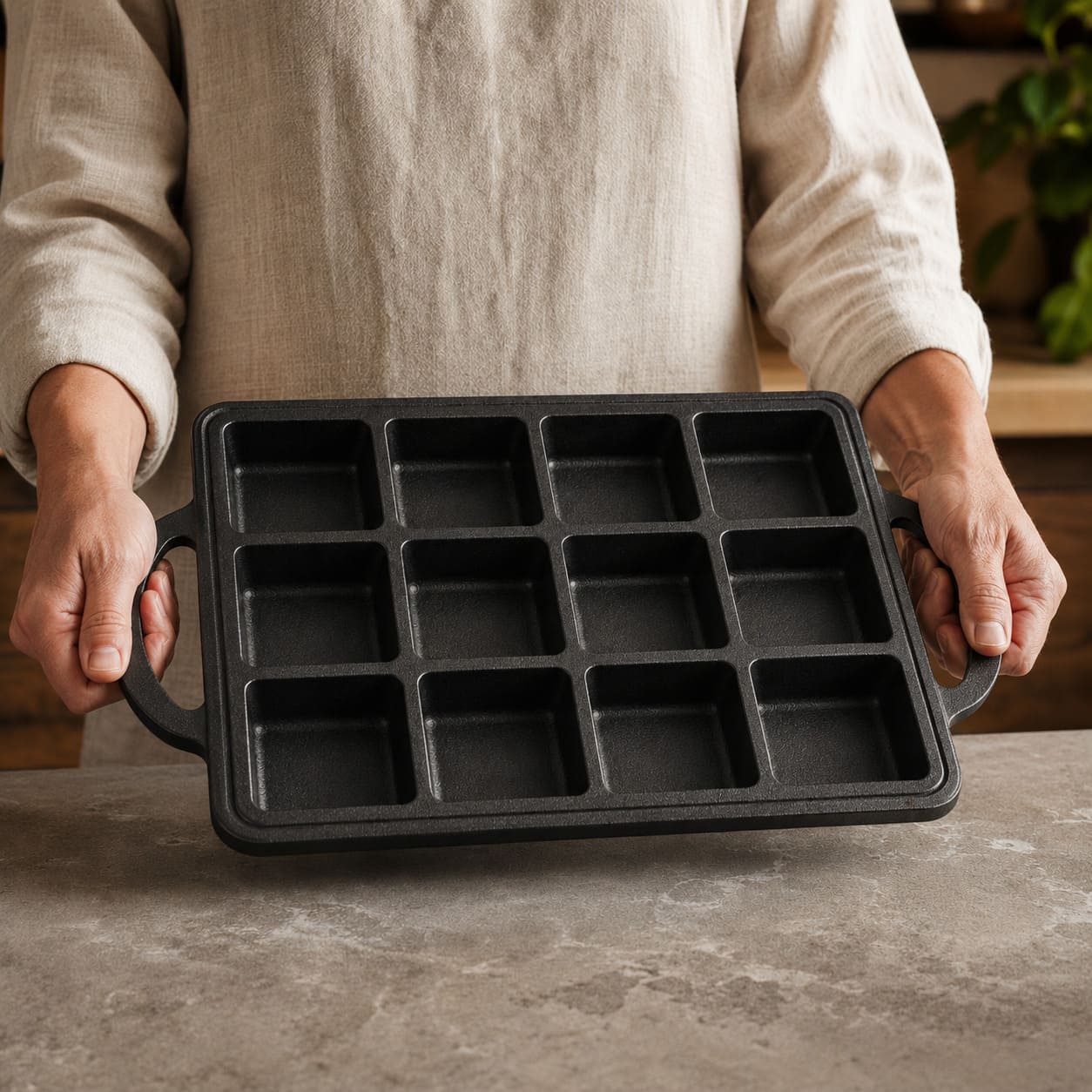 Cast-iron-style brownie pan with square cavities and side handles, empty