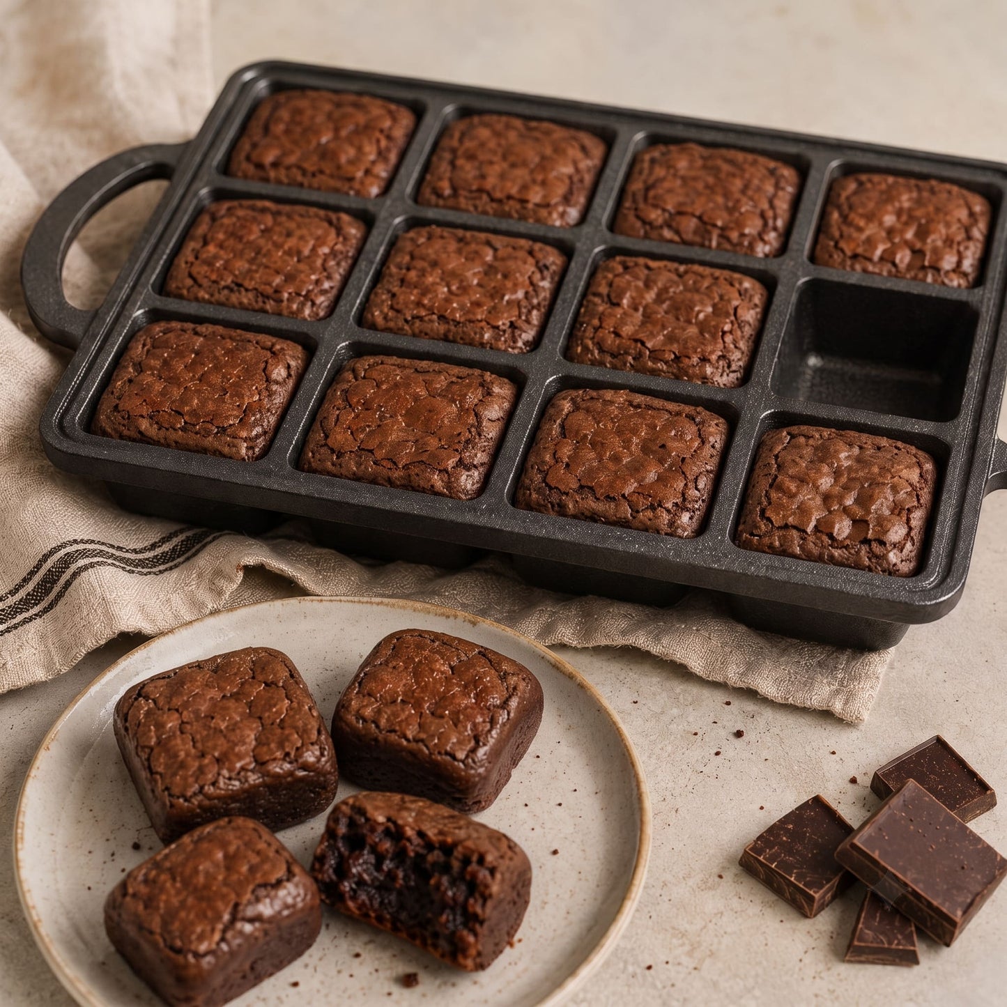 Brownie pan with 12 square cavities, with brownies and a serving plate
