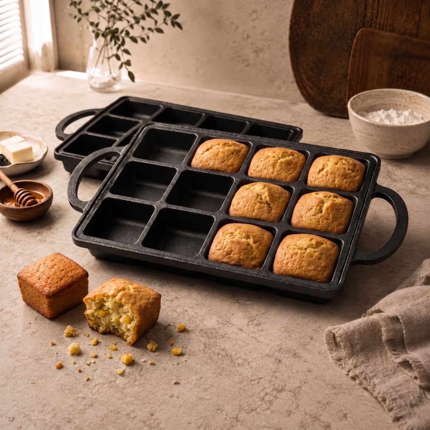 Brownie pan with 12 square cavities filled with baked mini loaves