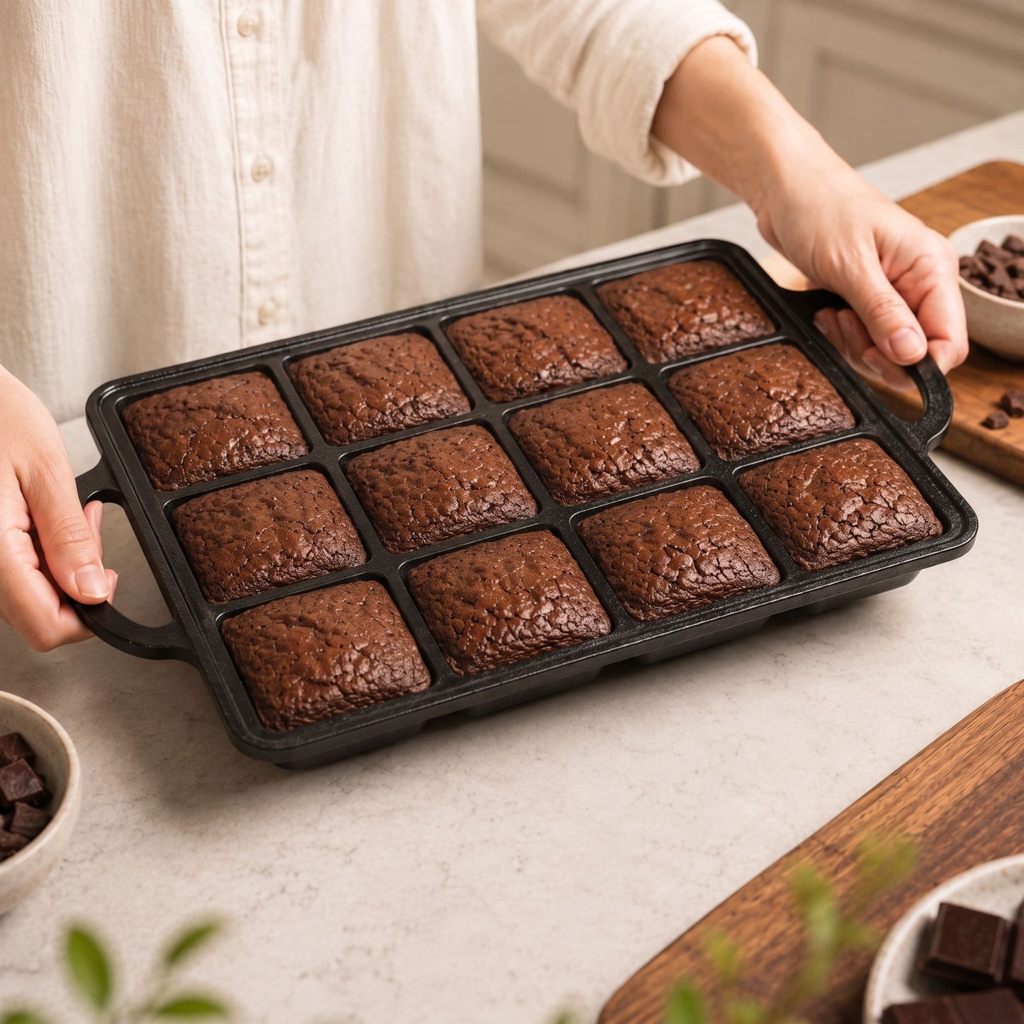 Rectangular brownie pan with 12 cavities holding baked brownies, ready to serve