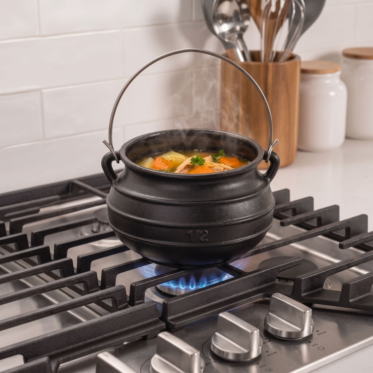 2 qt cast iron cauldron #1/2 on stovetop