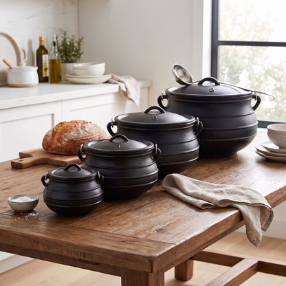 A set of black cast-iron Dutch ovens in different sizes arranged on a rustic wooden table in a bright kitchen setting, with a loaf of bread, linen cloth, and other kitchen items visible. 2 qt, 4 qt, 6 qt, 8 qt