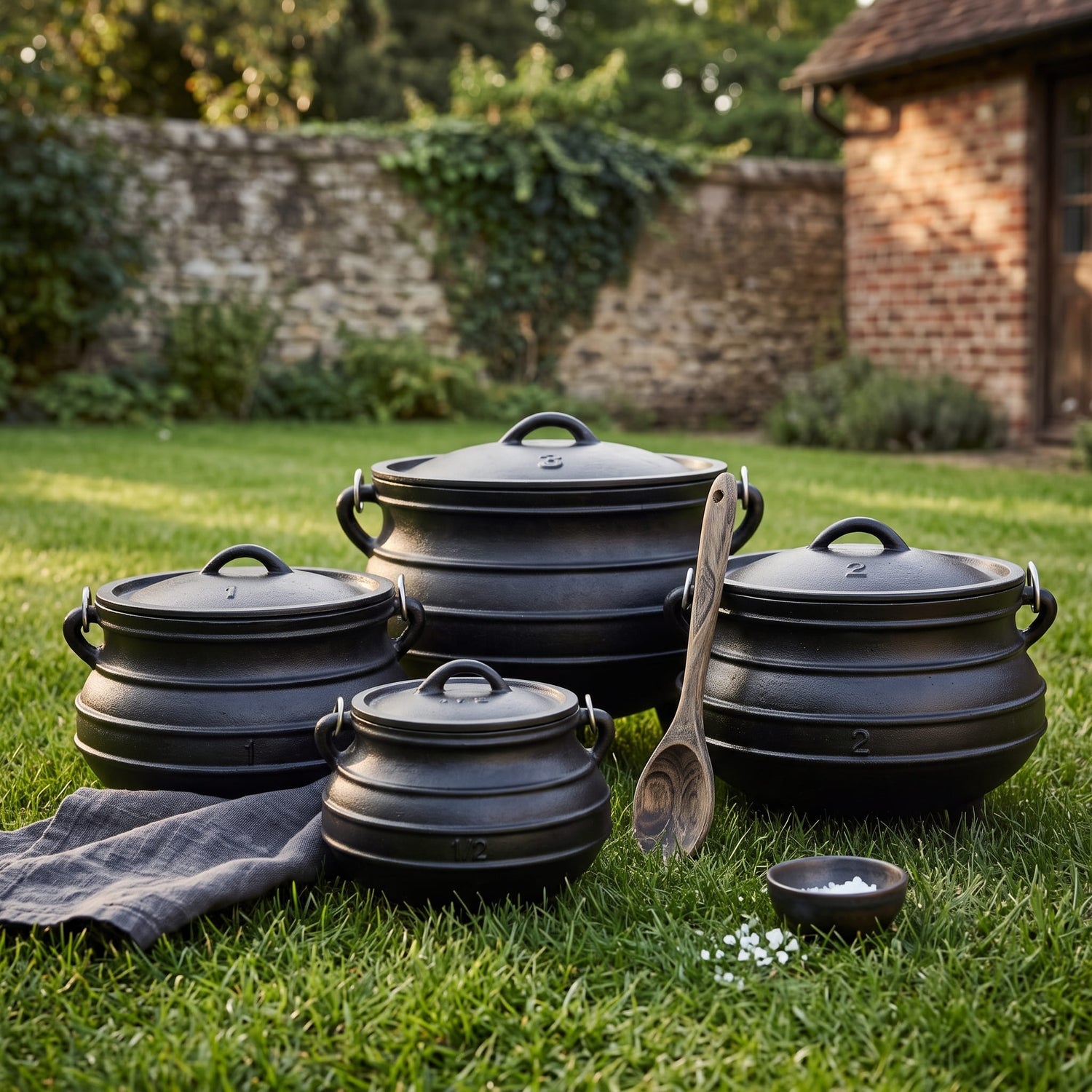 A set of black cast-iron cauldrons and pots with lids, arranged on a green lawn outdoors with a wooden spoon, a small bowl, and a gray cloth. A stone wall and brick building are visible in the background.