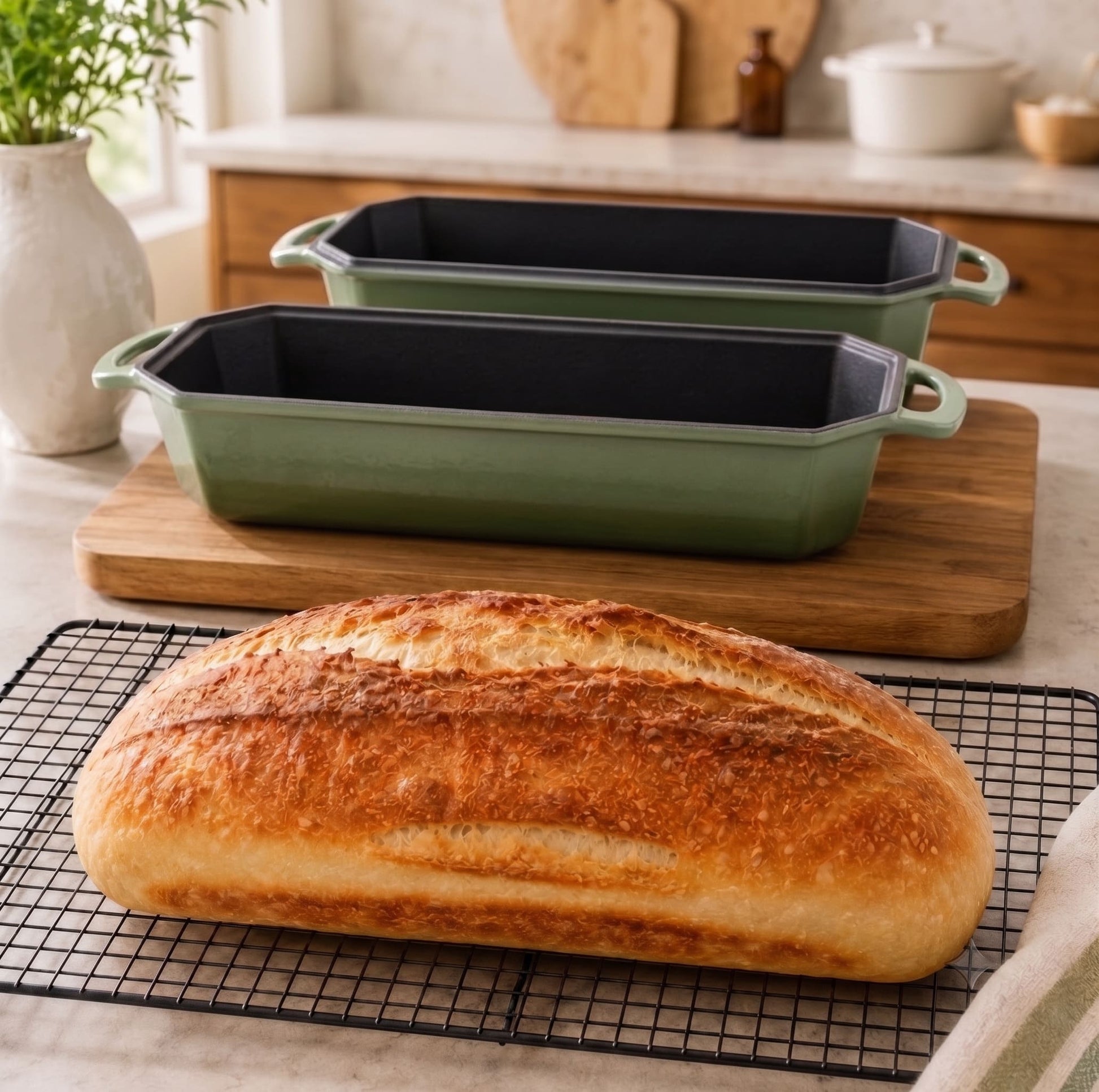 Sage Green loaf pans on an artisan loaf oven; golden bread loaf on a cooling rack 13x5 Inch