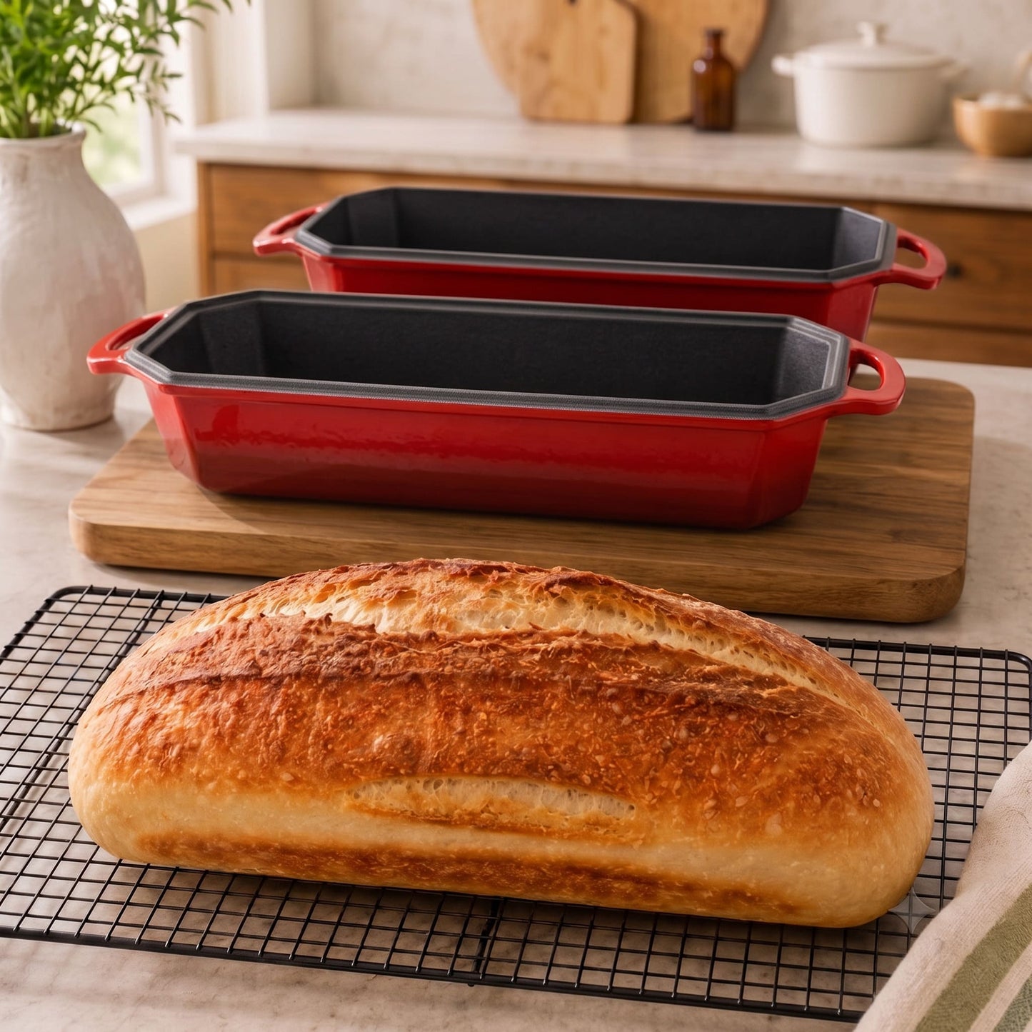 Cherry Red loaf pans on an artisan loaf oven; baked bread loaf on a cooling rack 13x5 Inch