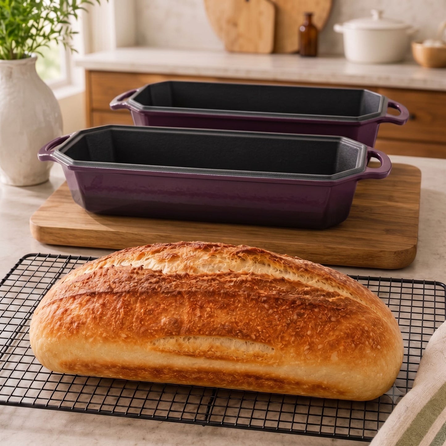 Plum Purple loaf pans on an artisan loaf oven; golden bread loaf on a cooling rack 13x5 Inch