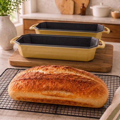 Butter Yellow loaf pans on an artisan loaf oven; golden bread loaf on a cooling rack 13x5 Inch