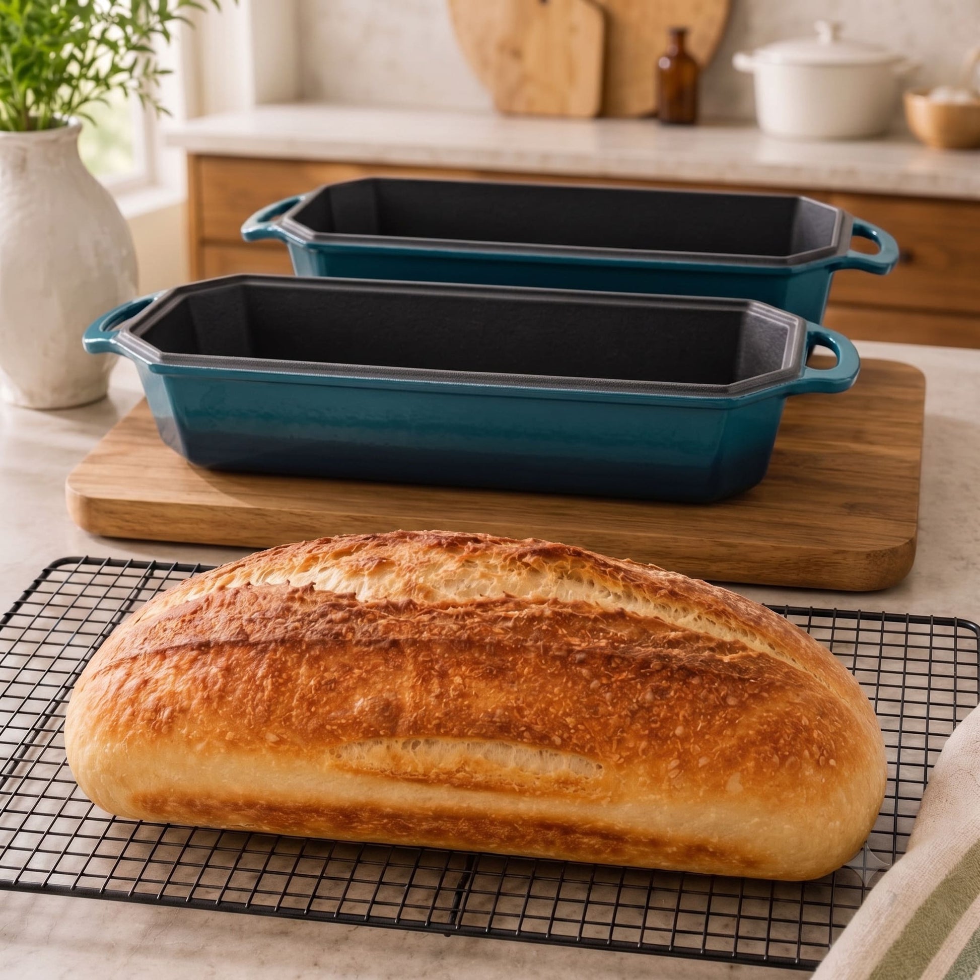 deep Cyan 13x5 Inch loaf pans on an artisan loaf oven; freshly baked bread on a cooling rack