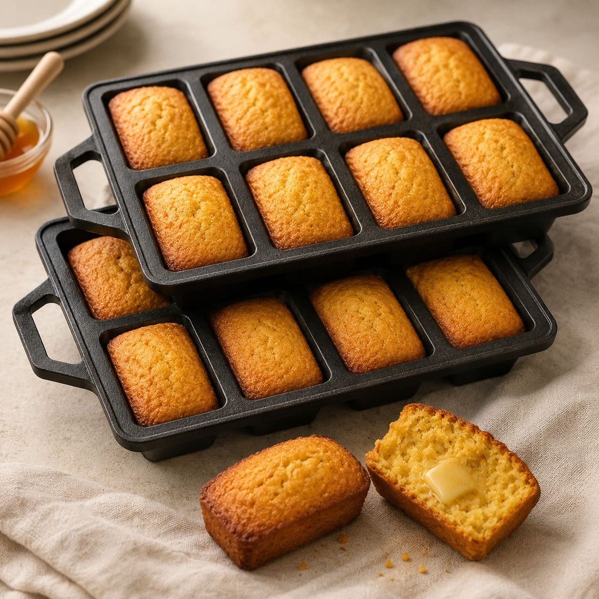 Mini loaf pan set with 8 mini loaves baked in two black trays