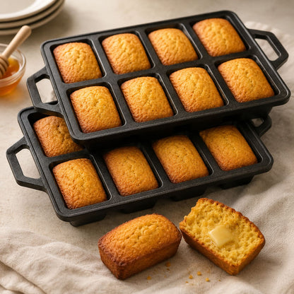Mini loaf pan set with 8 mini loaves baked in two black trays